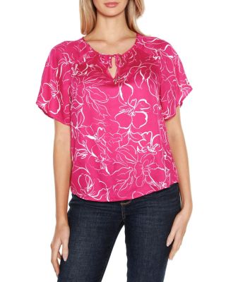 Belldini Black Label Women's Embellished Tie Neck Flutter Sleeve Top, Pink, Small
