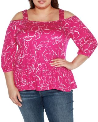 Belldini Black Label Women's Plus Size Embellished Cold Shoulder Top, Pink, 3X