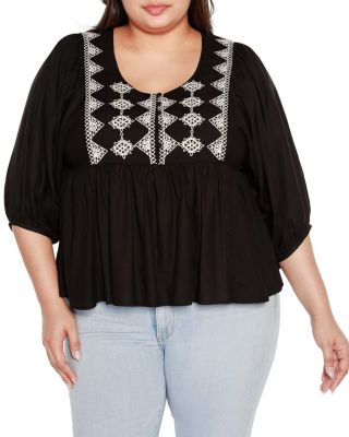 Belldini Black Label Women's Plus Size Embroidered Boho Fit and Flare Top, 3X