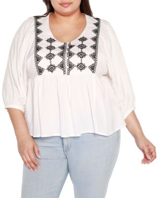 Belldini Black Label Women's Plus Size Embroidered Boho Fit and Flare Top, White, 3X