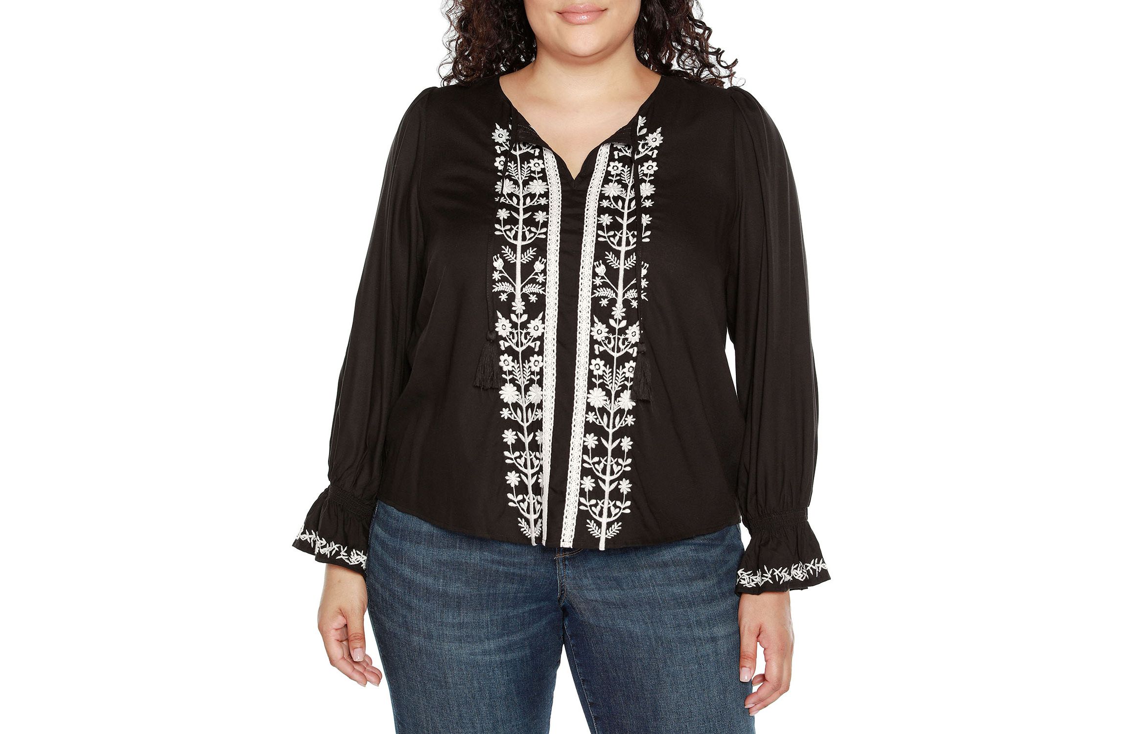 Plus Size Tie-Neck Embroidered-Front Blouse