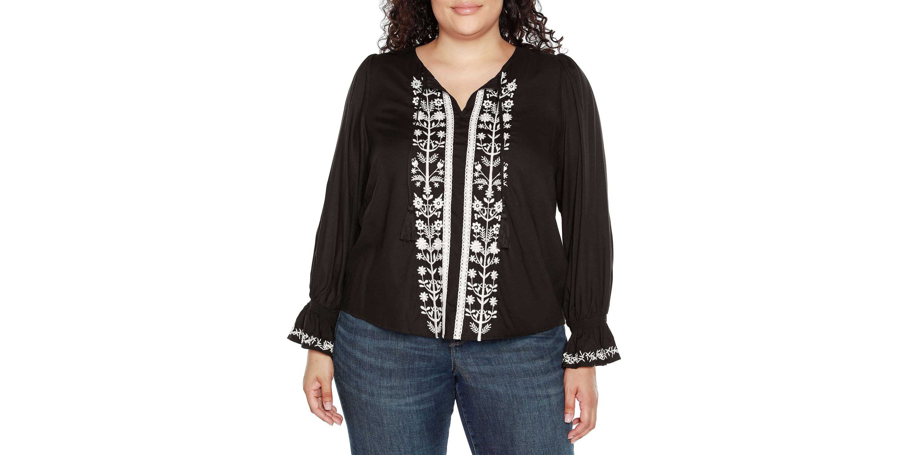 Plus Size Tie-Neck Embroidered-Front Blouse