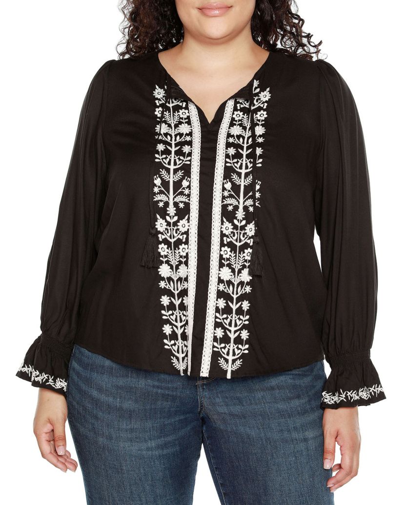 Plus Size Tie-Neck Embroidered-Front Blouse