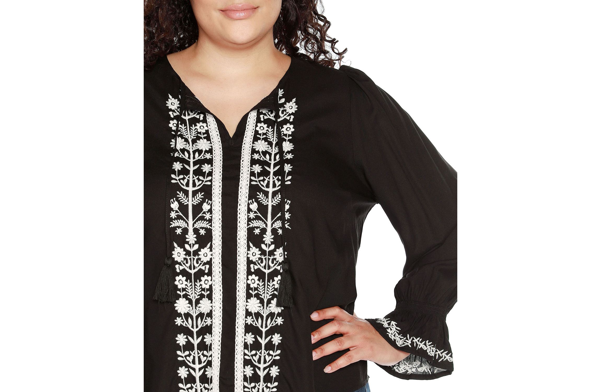 Plus Size Tie-Neck Embroidered-Front Blouse