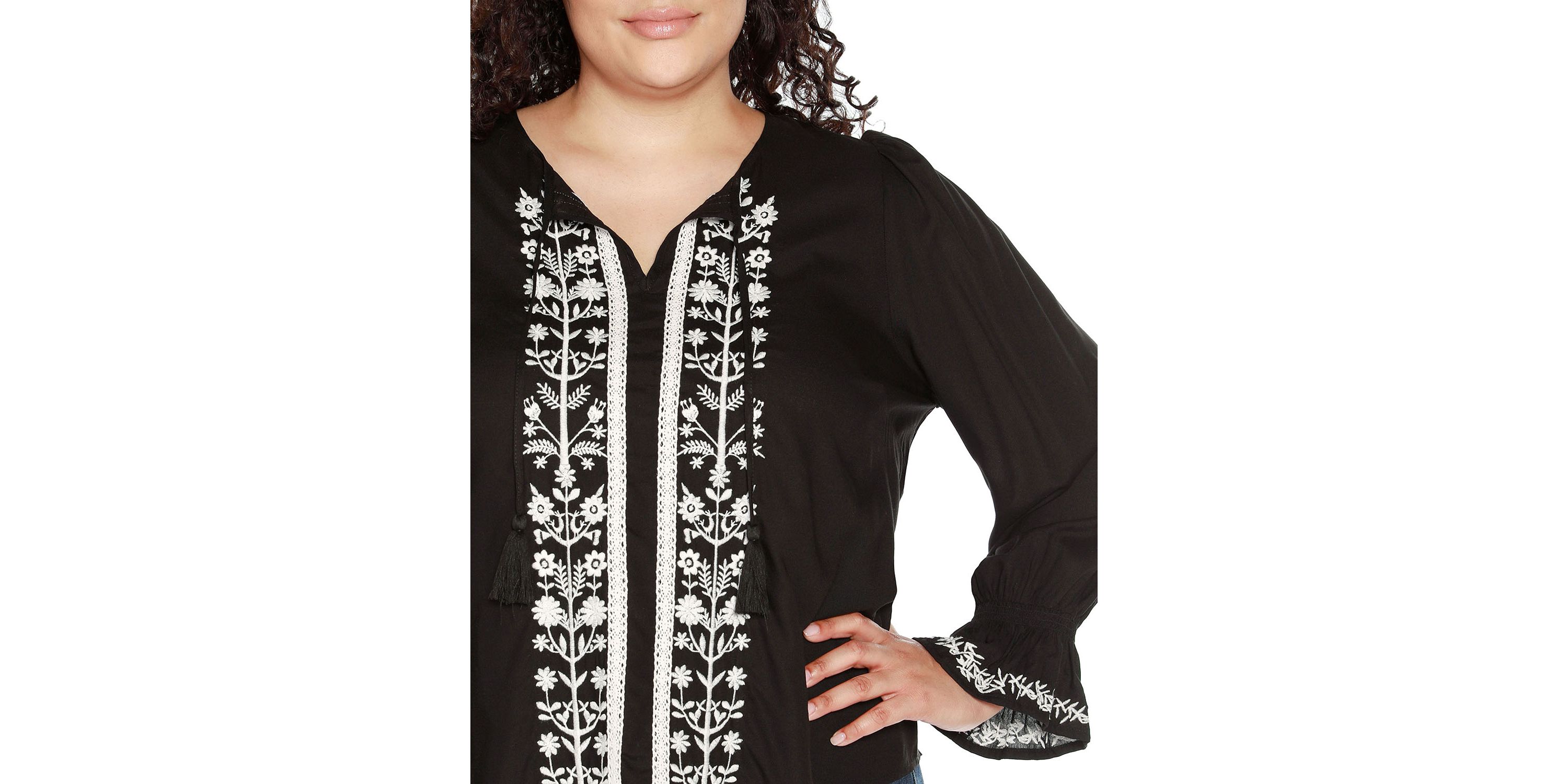 Plus Size Tie-Neck Embroidered-Front Blouse