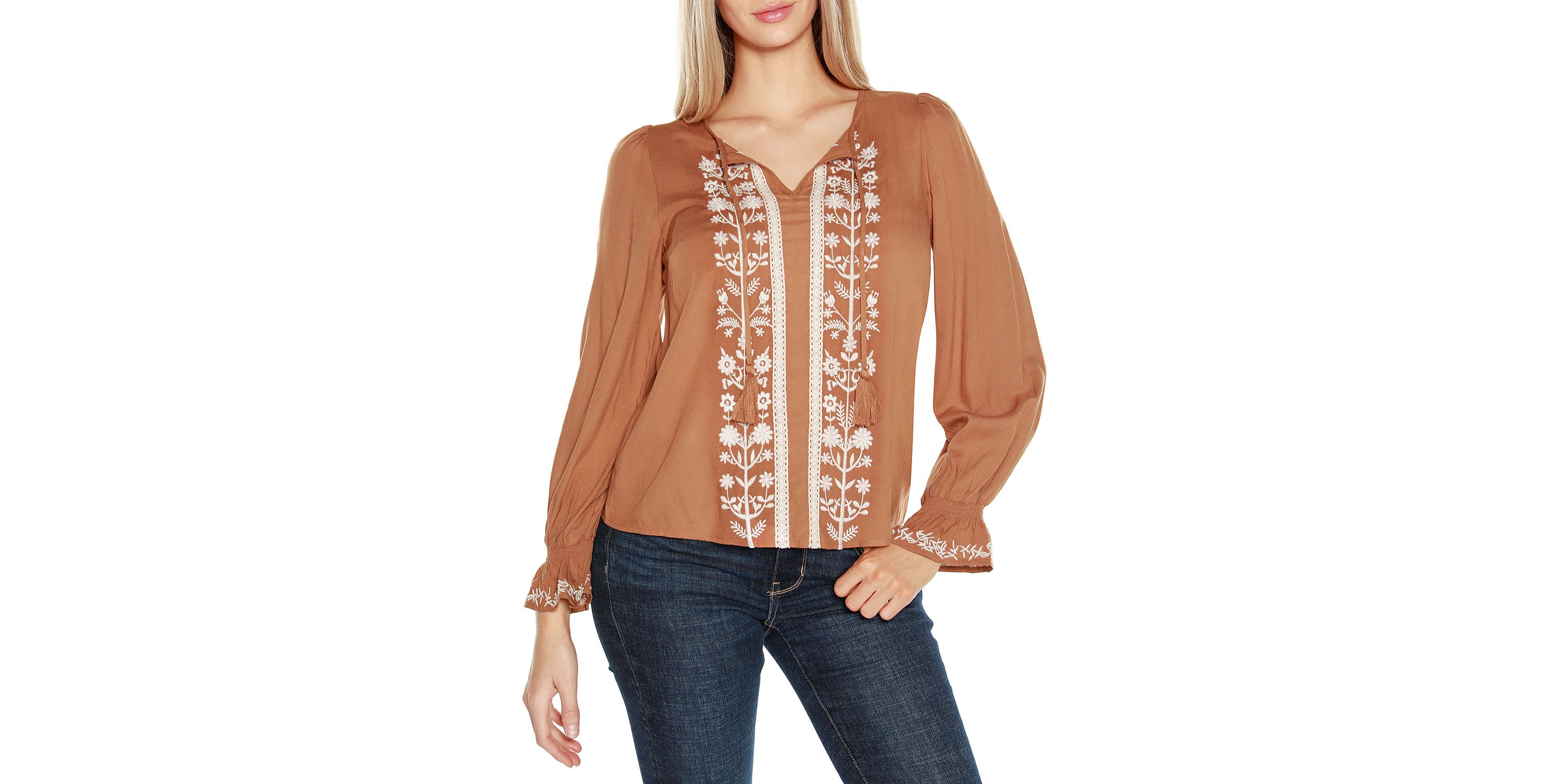 Tie-Neck Embroidered-Front Blouse