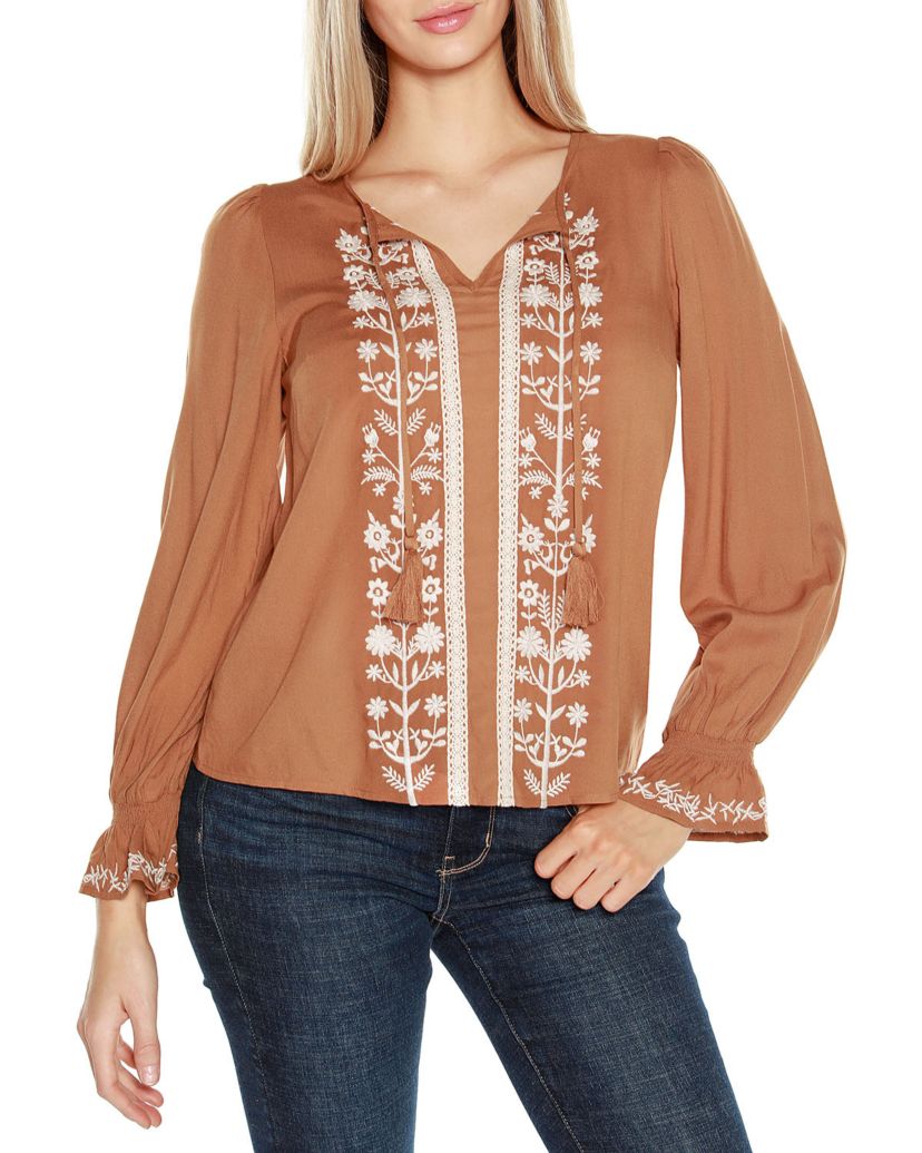 Tie-Neck Embroidered-Front Blouse