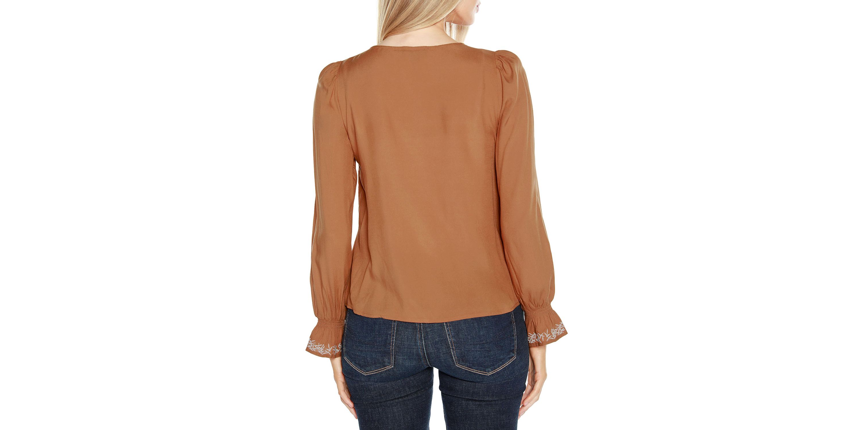 Tie-Neck Embroidered-Front Blouse