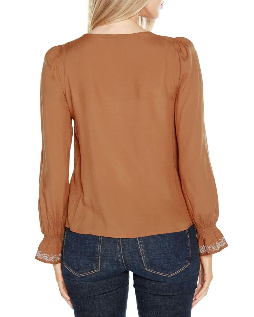 Tie-Neck Embroidered-Front Blouse