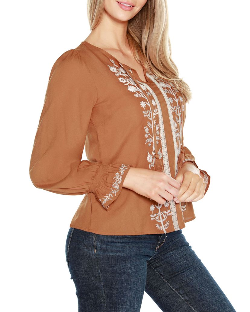 Tie-Neck Embroidered-Front Blouse