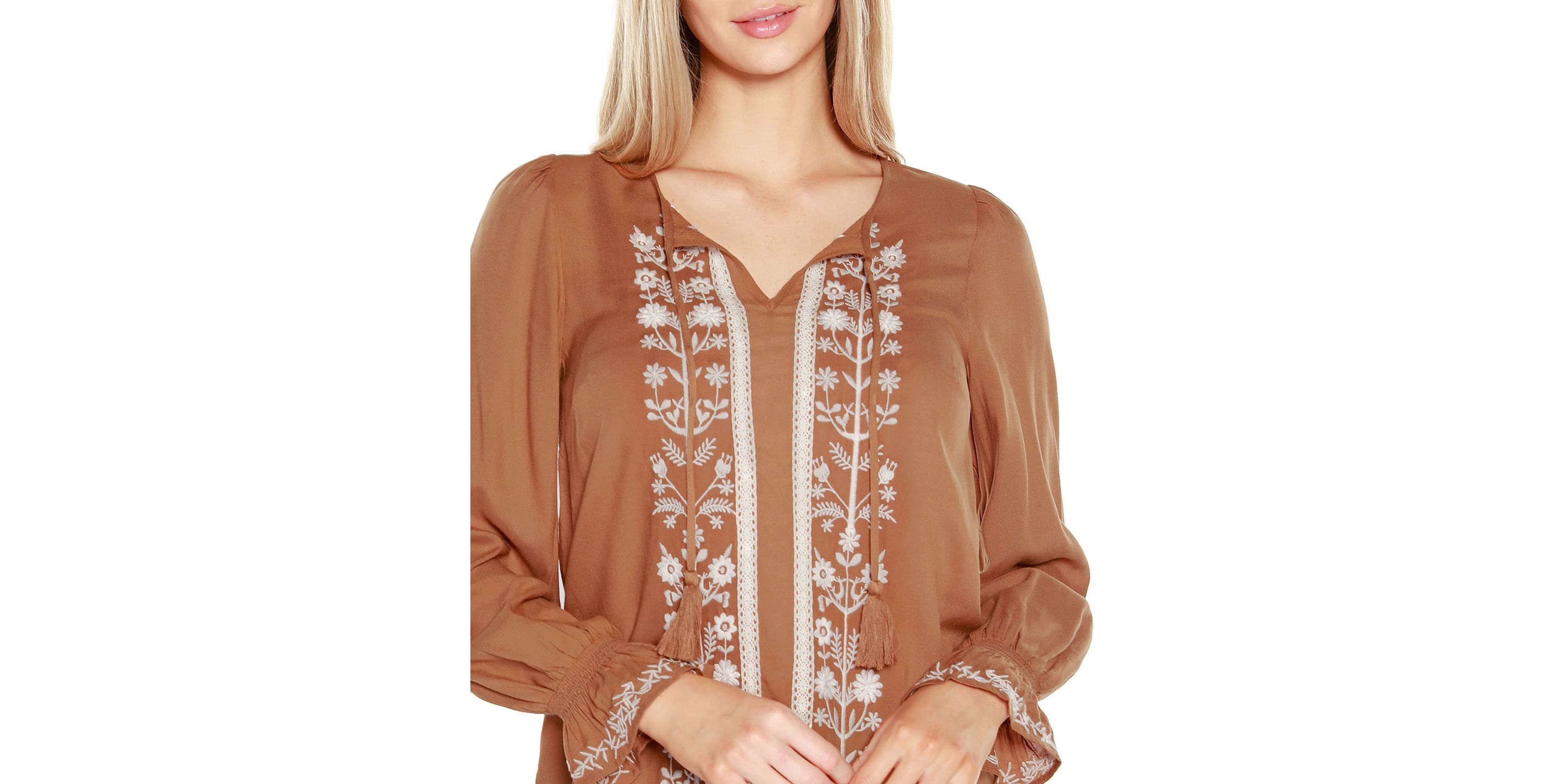 Tie-Neck Embroidered-Front Blouse
