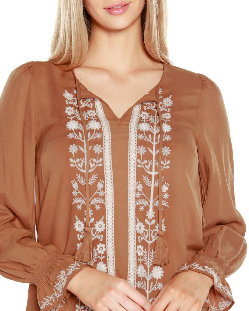 Tie-Neck Embroidered-Front Blouse