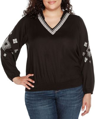 Belldini Black Label Women's Plus Size Embroidered Blouson Sleeve V-Neck Blouse, 3X