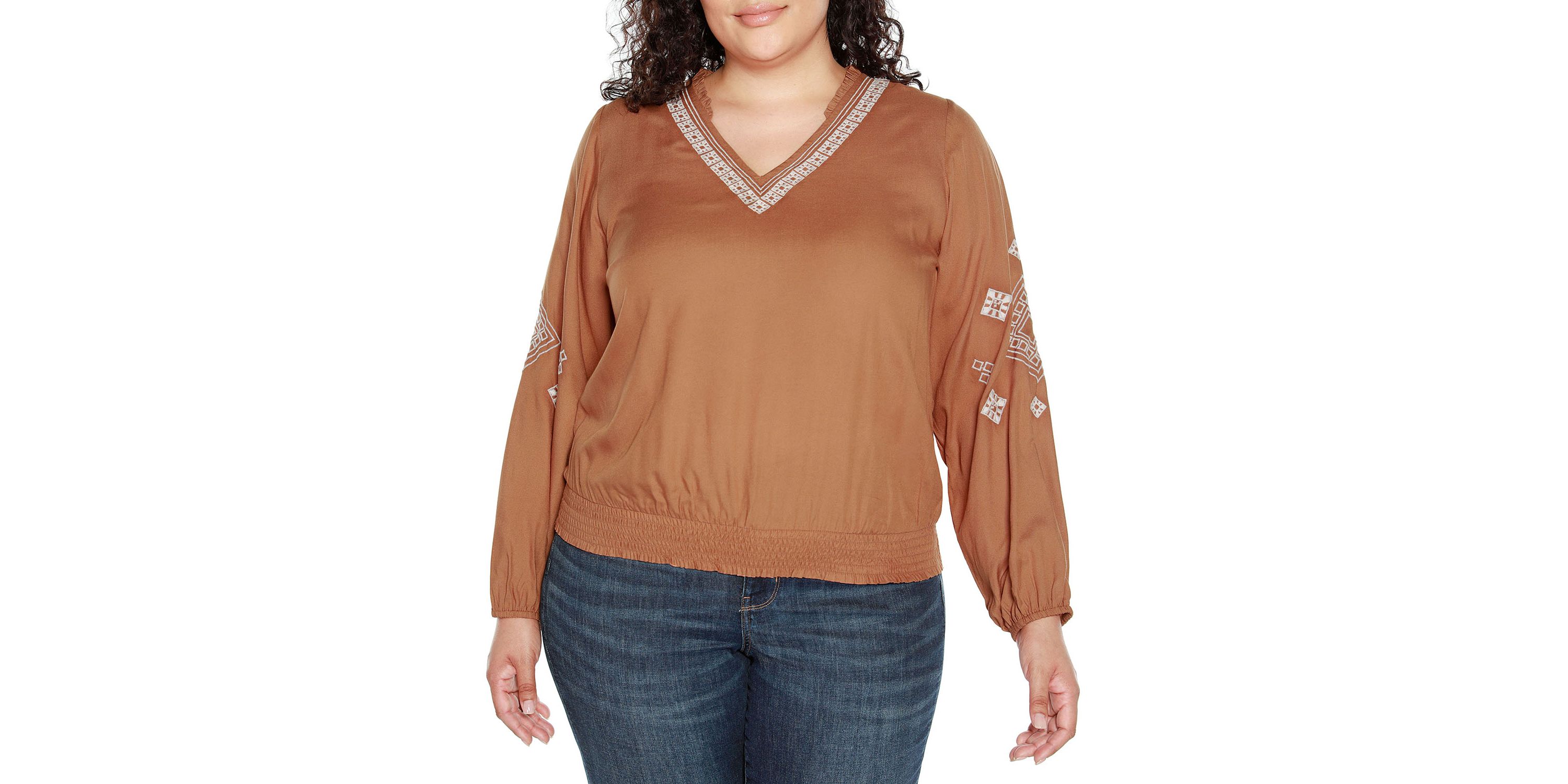 Plus Size Embroidered Blouson Sleeve V-Neck Blouse