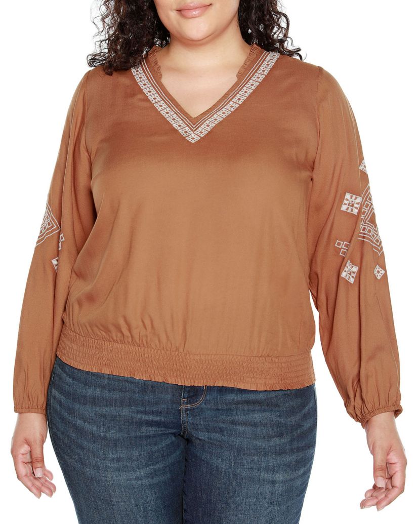 Plus Size Embroidered Blouson Sleeve V-Neck Blouse