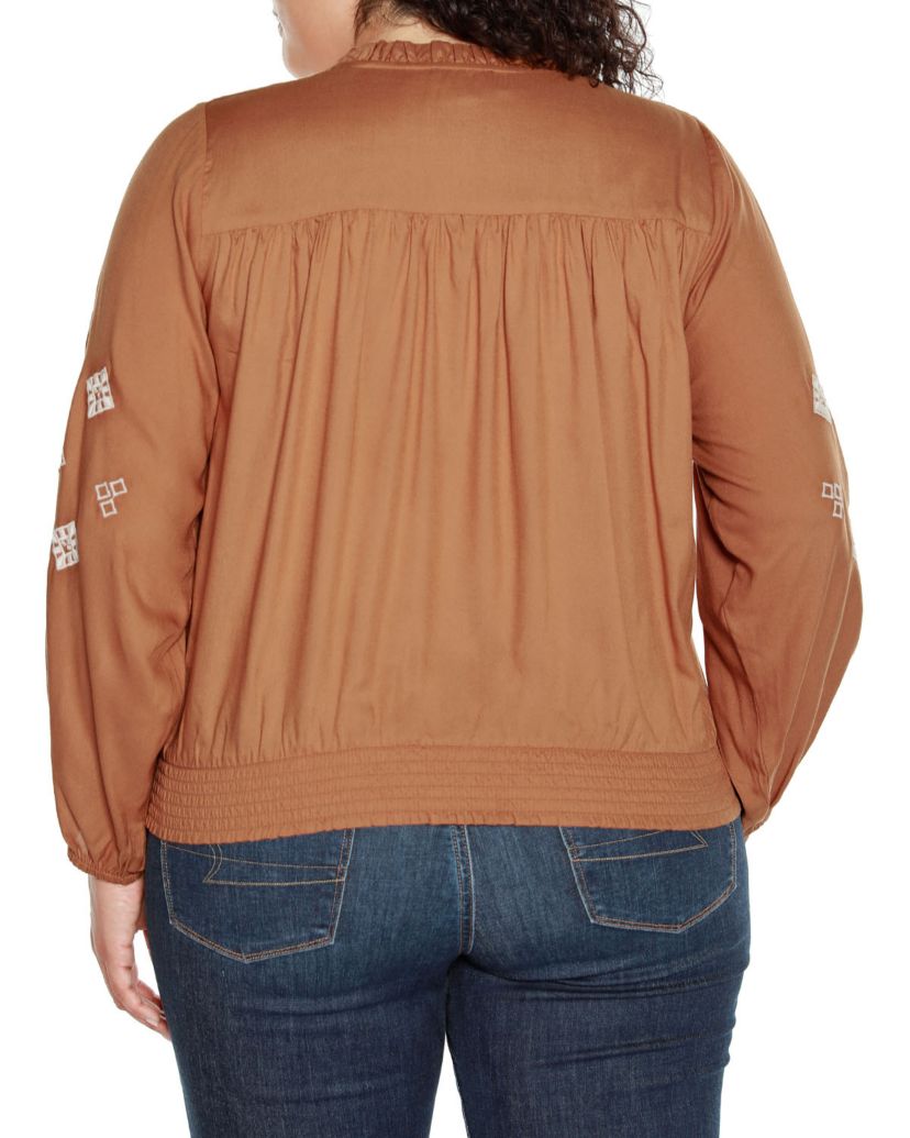 Plus Size Embroidered Blouson Sleeve V-Neck Blouse