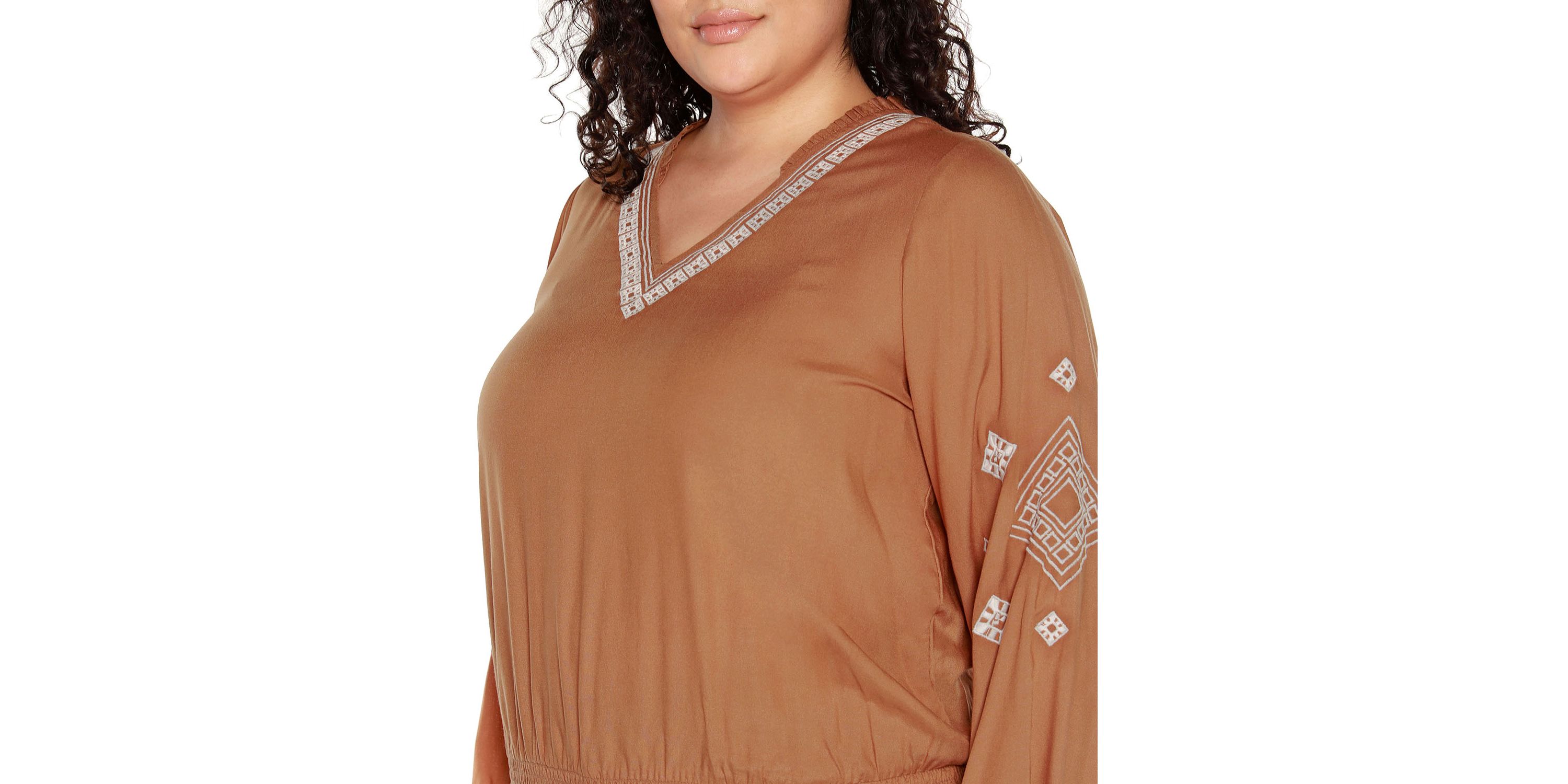 Plus Size Embroidered Blouson Sleeve V-Neck Blouse