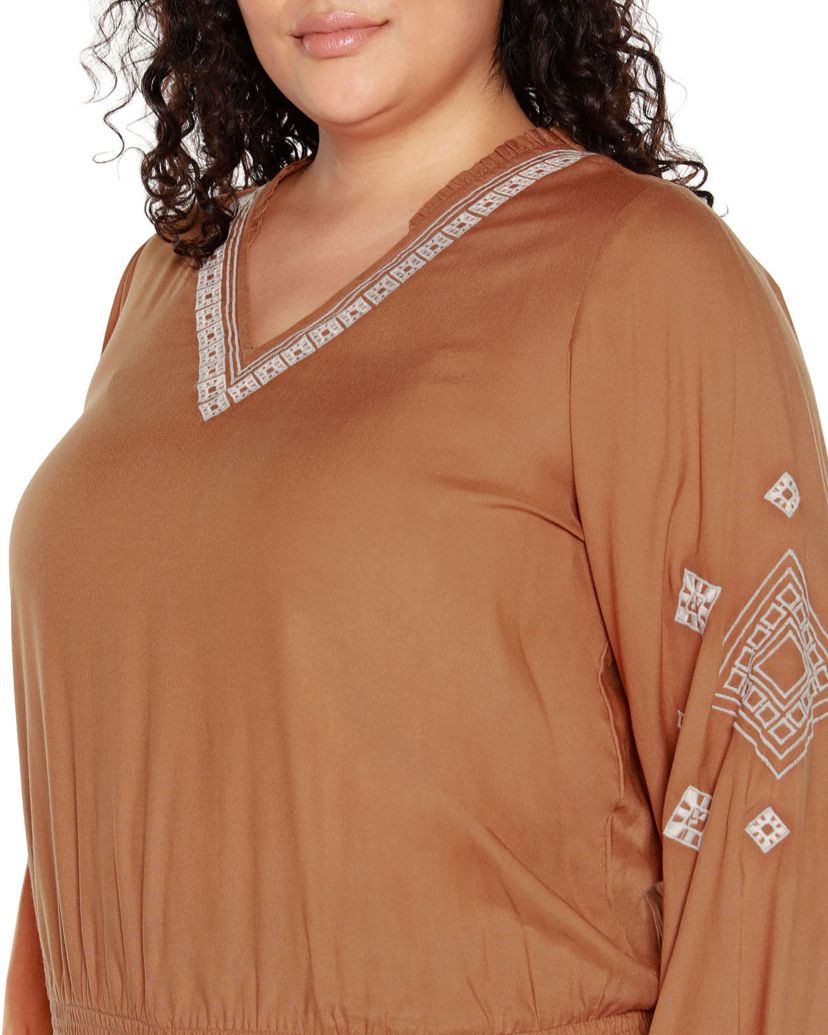 Plus Size Embroidered Blouson Sleeve V-Neck Blouse