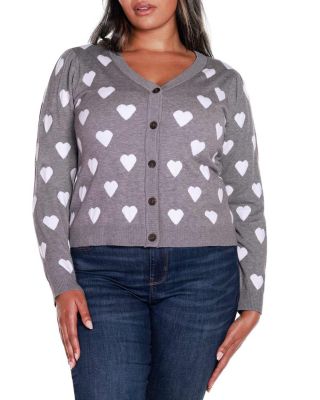 Belldini Women's Plus Size Hearts Jacquard Cardigan Sweater