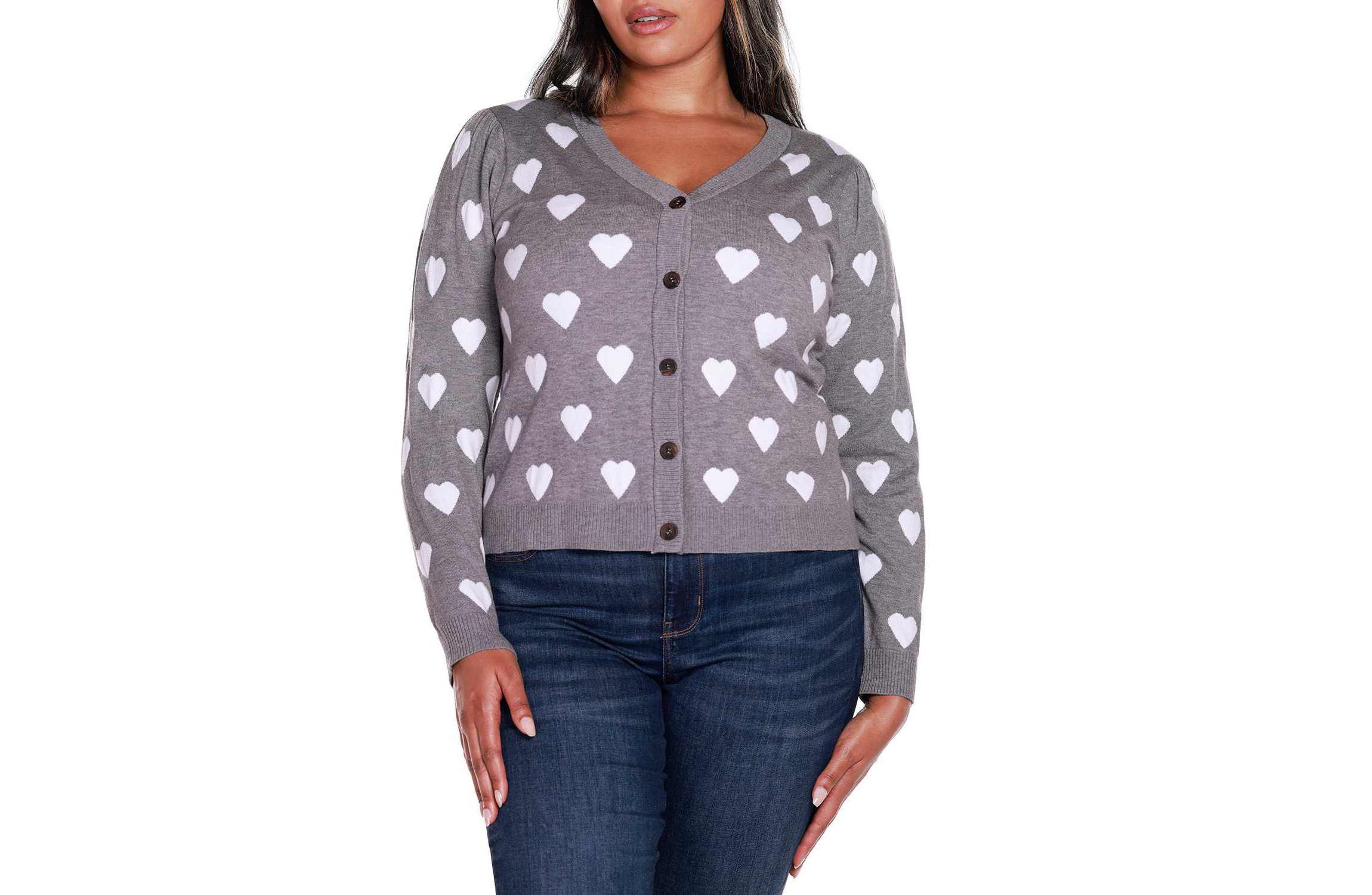 Plus Size Hearts Jacquard Cardigan Sweater