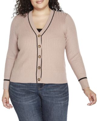 Belldini Women's Plus Size Tipped Textured-Stich Cardigan Sweater