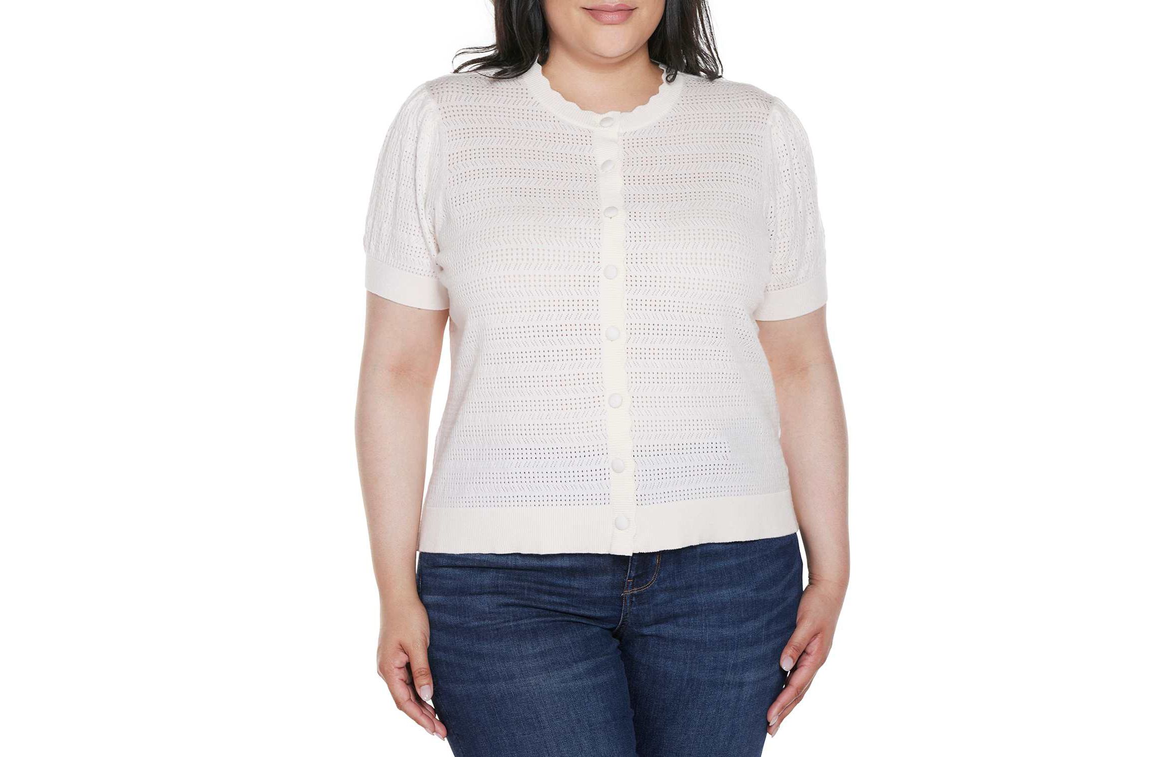 Plus Size Pointelle Scalloped-Placket Cardigan Sweater