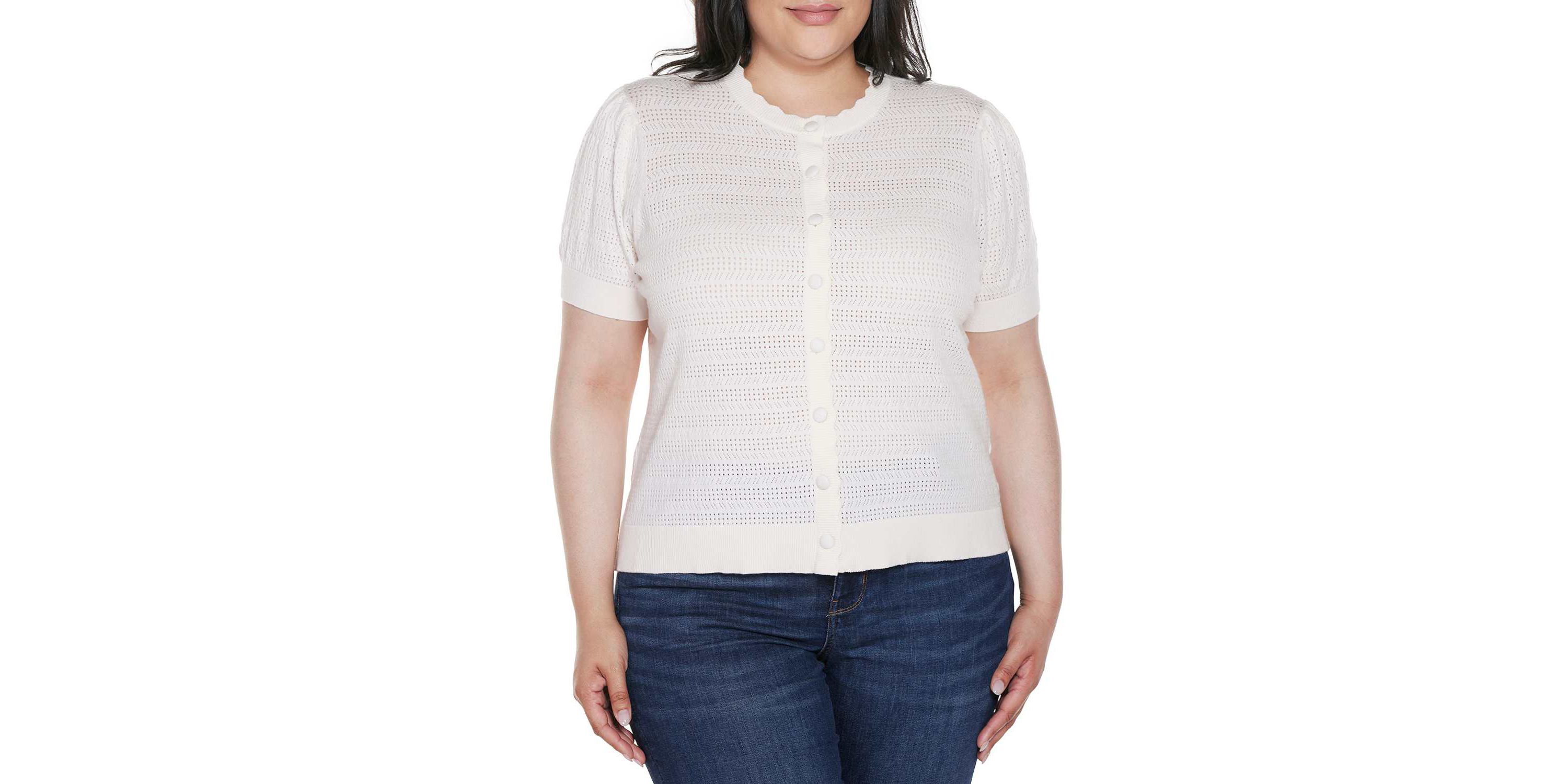 Plus Size Pointelle Scalloped-Placket Cardigan Sweater