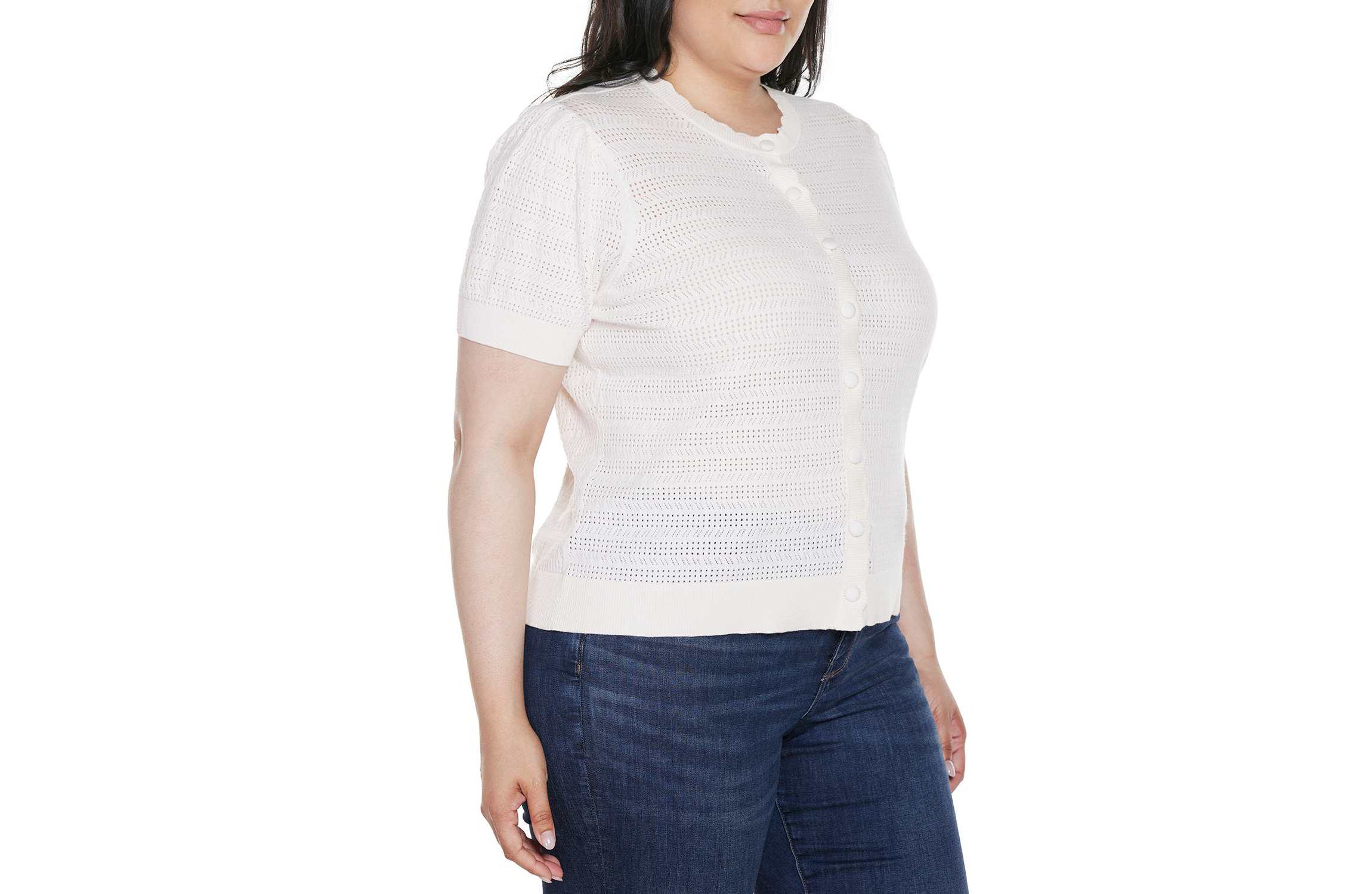 Plus Size Pointelle Scalloped-Placket Cardigan Sweater