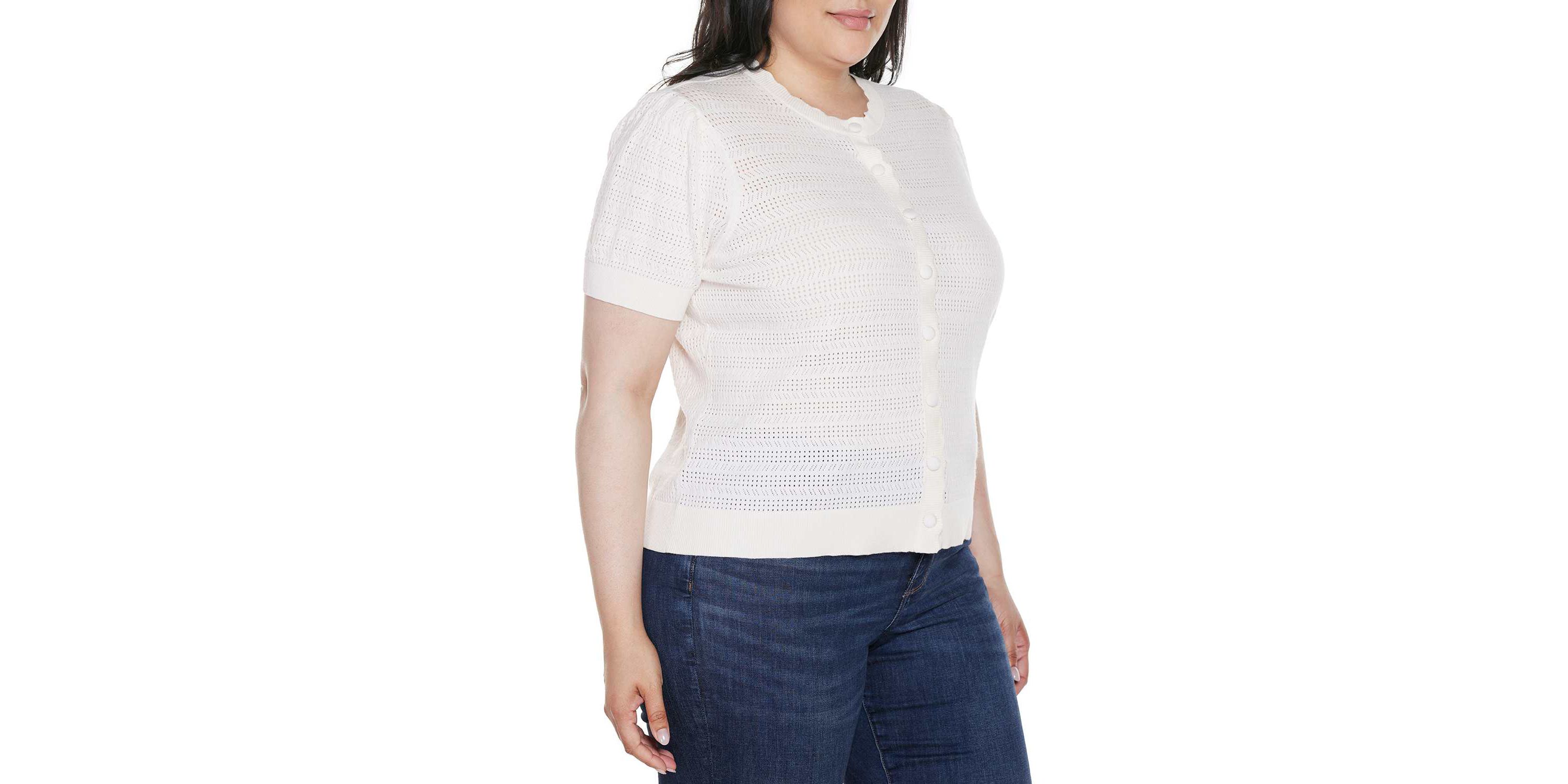Plus Size Pointelle Scalloped-Placket Cardigan Sweater