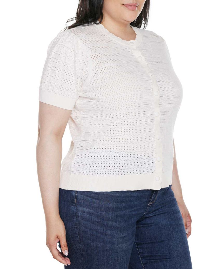 Plus Size Pointelle Scalloped-Placket Cardigan Sweater