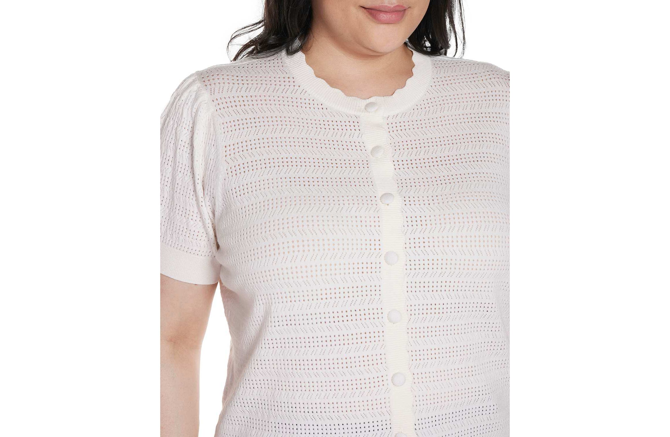 Plus Size Pointelle Scalloped-Placket Cardigan Sweater
