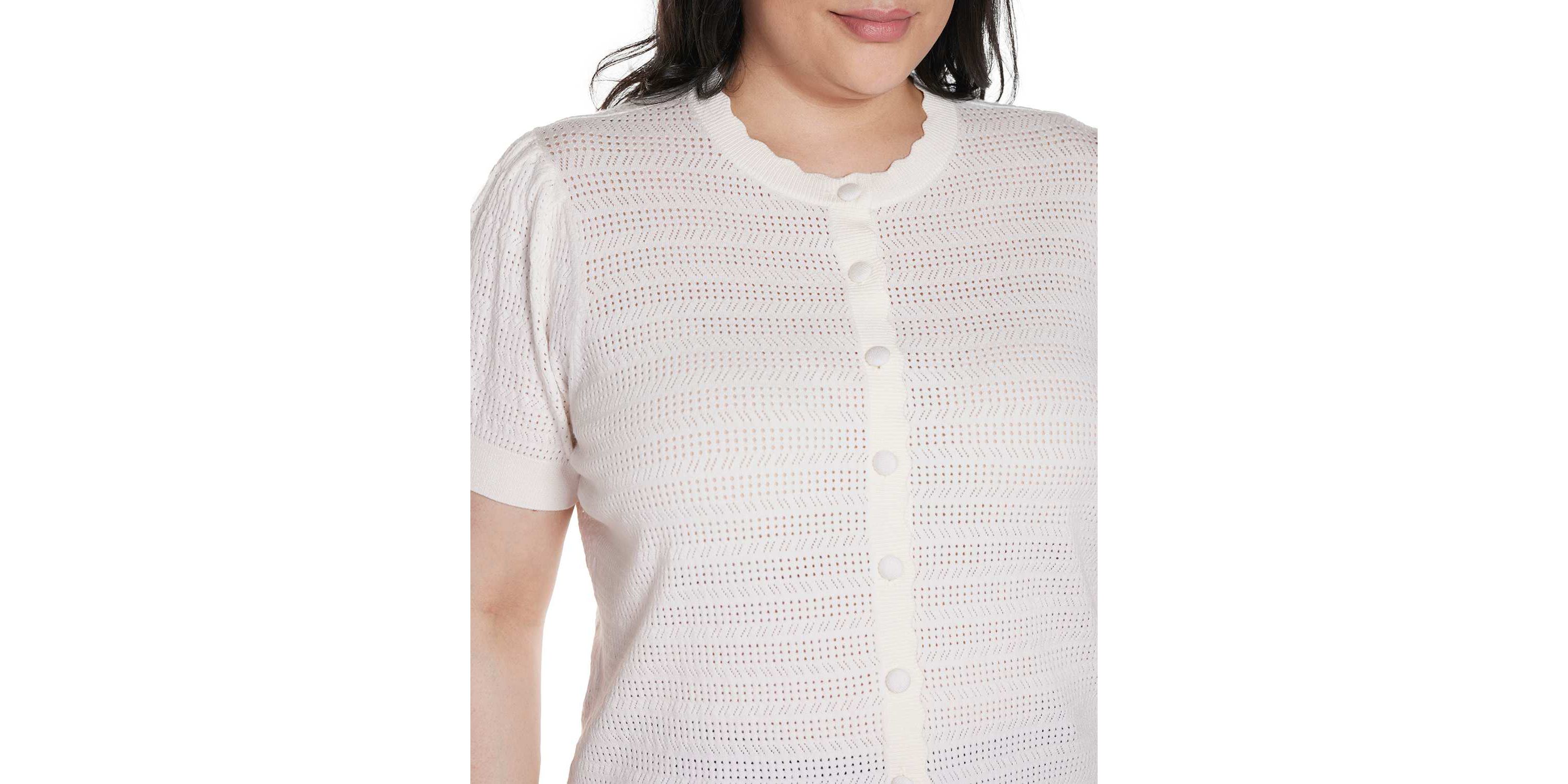 Plus Size Pointelle Scalloped-Placket Cardigan Sweater