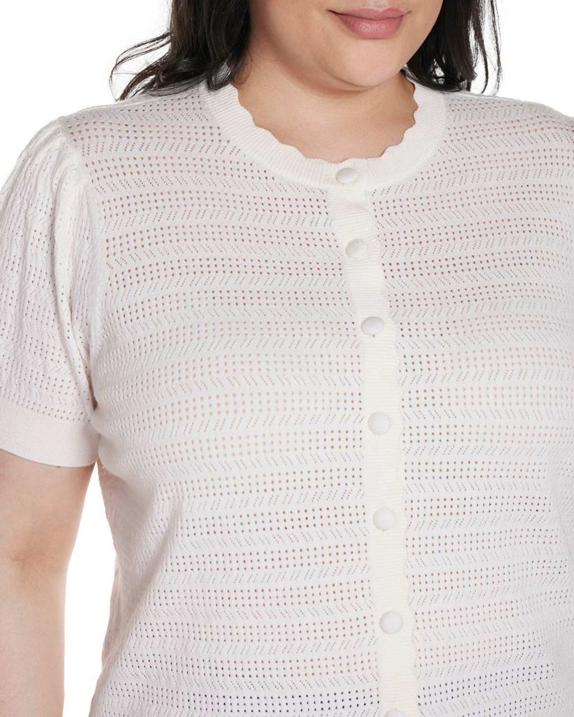 Plus Size Pointelle Scalloped-Placket Cardigan Sweater