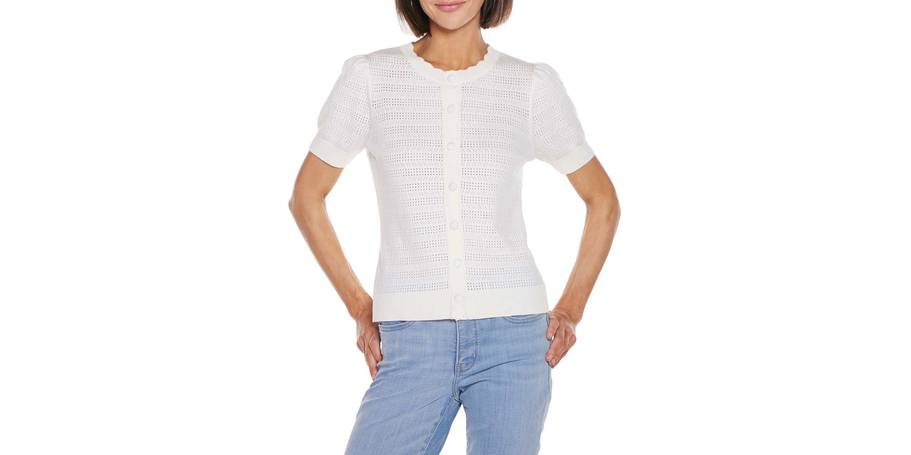 Pointelle Scalloped-Placket Cardigan Sweater