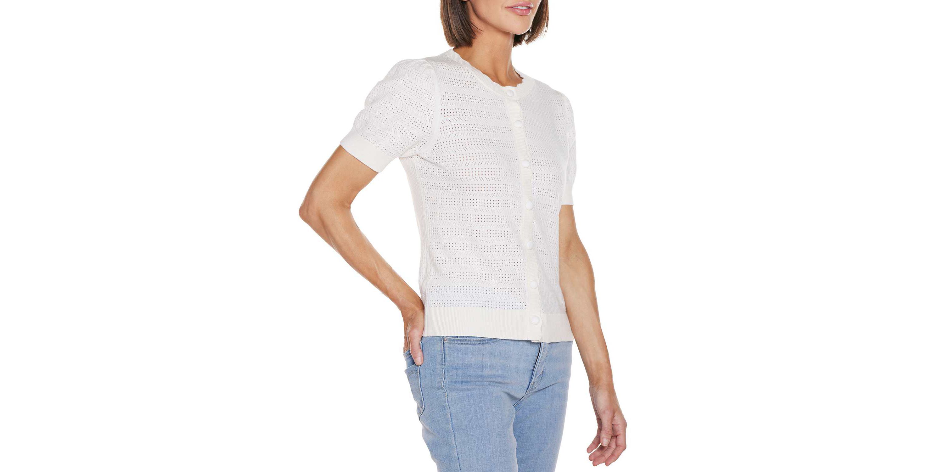 Pointelle Scalloped-Placket Cardigan Sweater