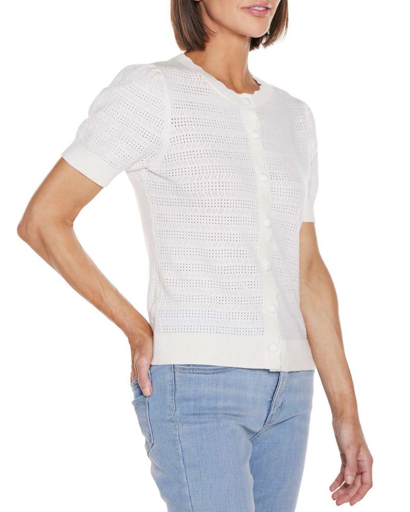Pointelle Scalloped-Placket Cardigan Sweater