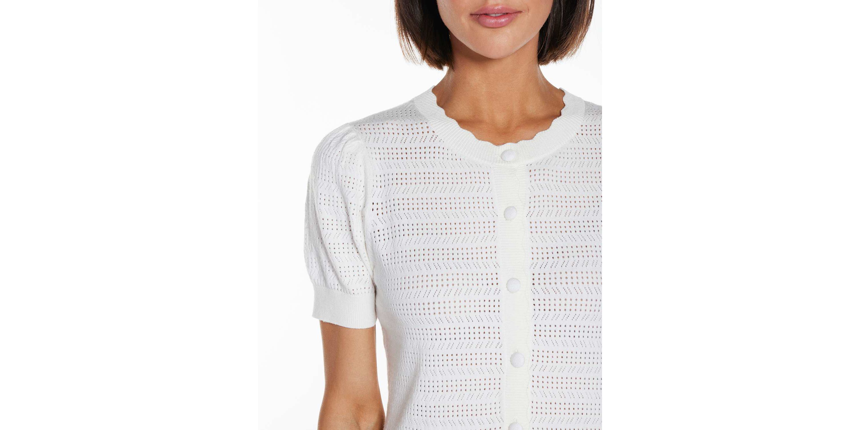 Pointelle Scalloped-Placket Cardigan Sweater