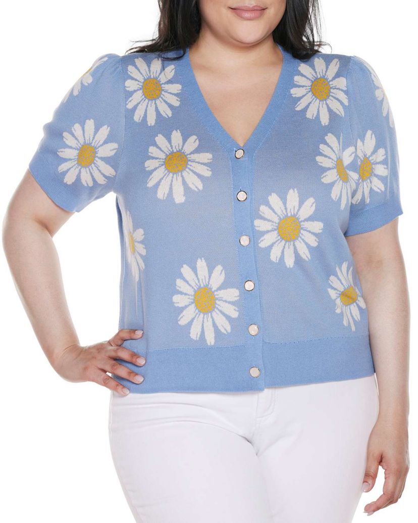 Plus Size Daisy Jacquard V-neck Cardigan Sweater
