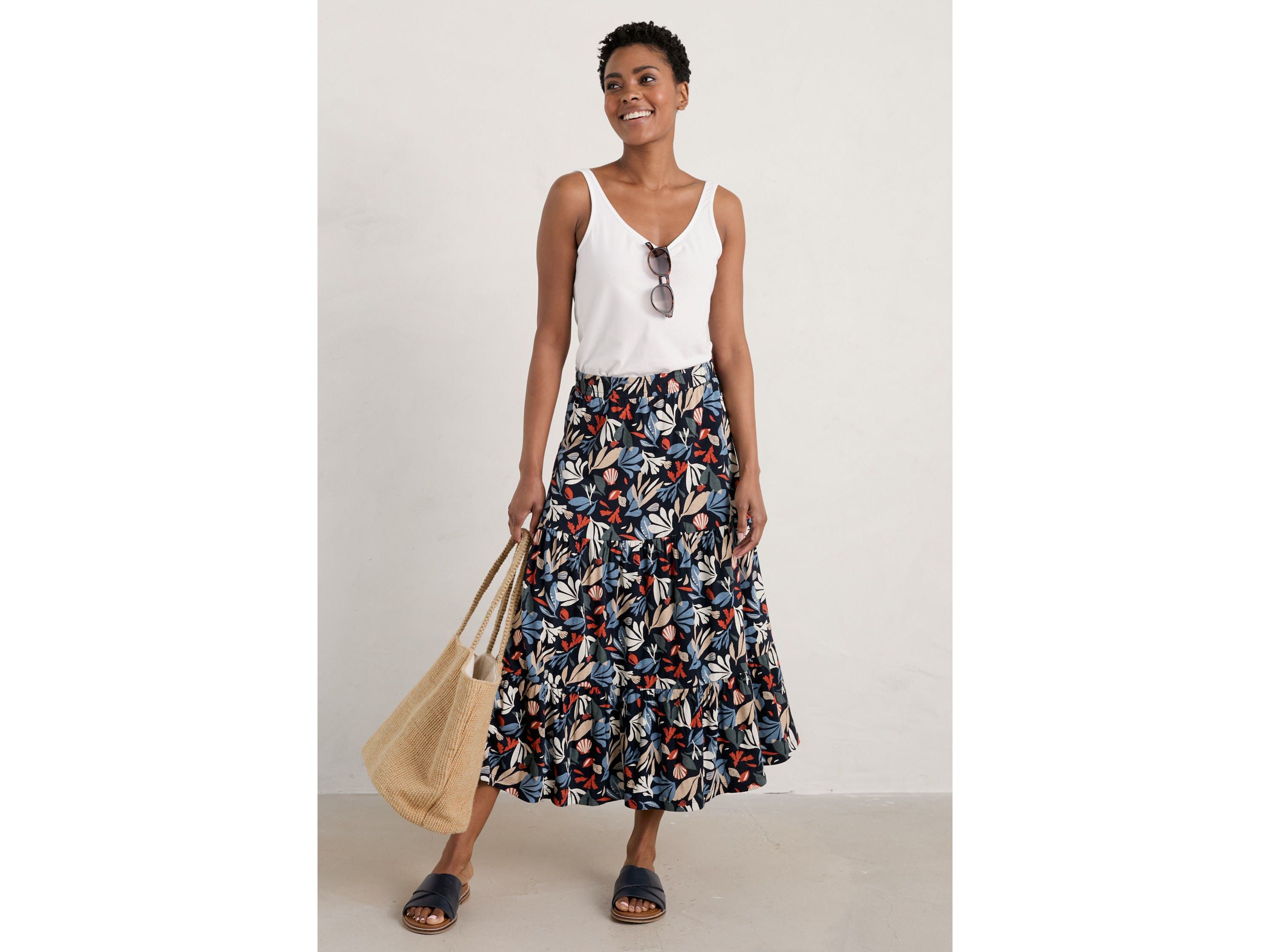 Line Strokes Tiered Midi Skirt