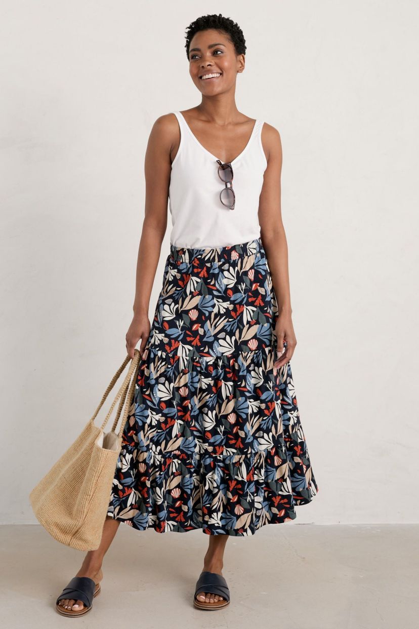 Line Strokes Tiered Midi Skirt