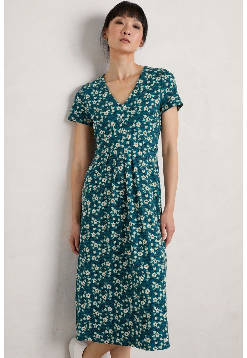 Flower Bud Short Sleeve V-Neck Midi Dress