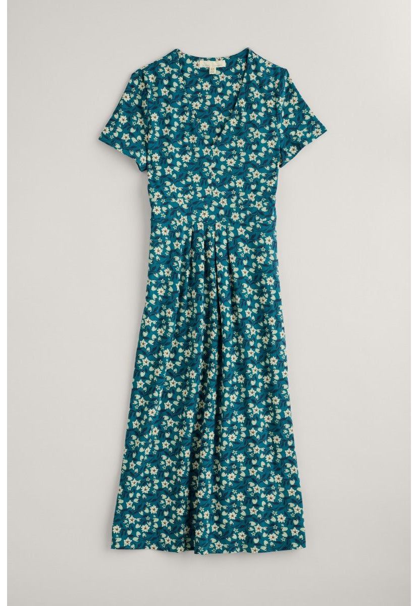 Flower Bud Short Sleeve V-Neck Midi Dress
