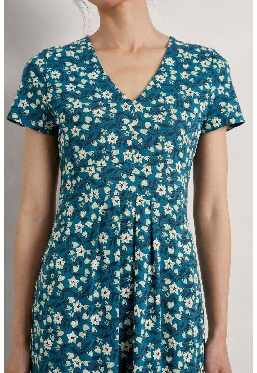 Flower Bud Short Sleeve V-Neck Midi Dress
