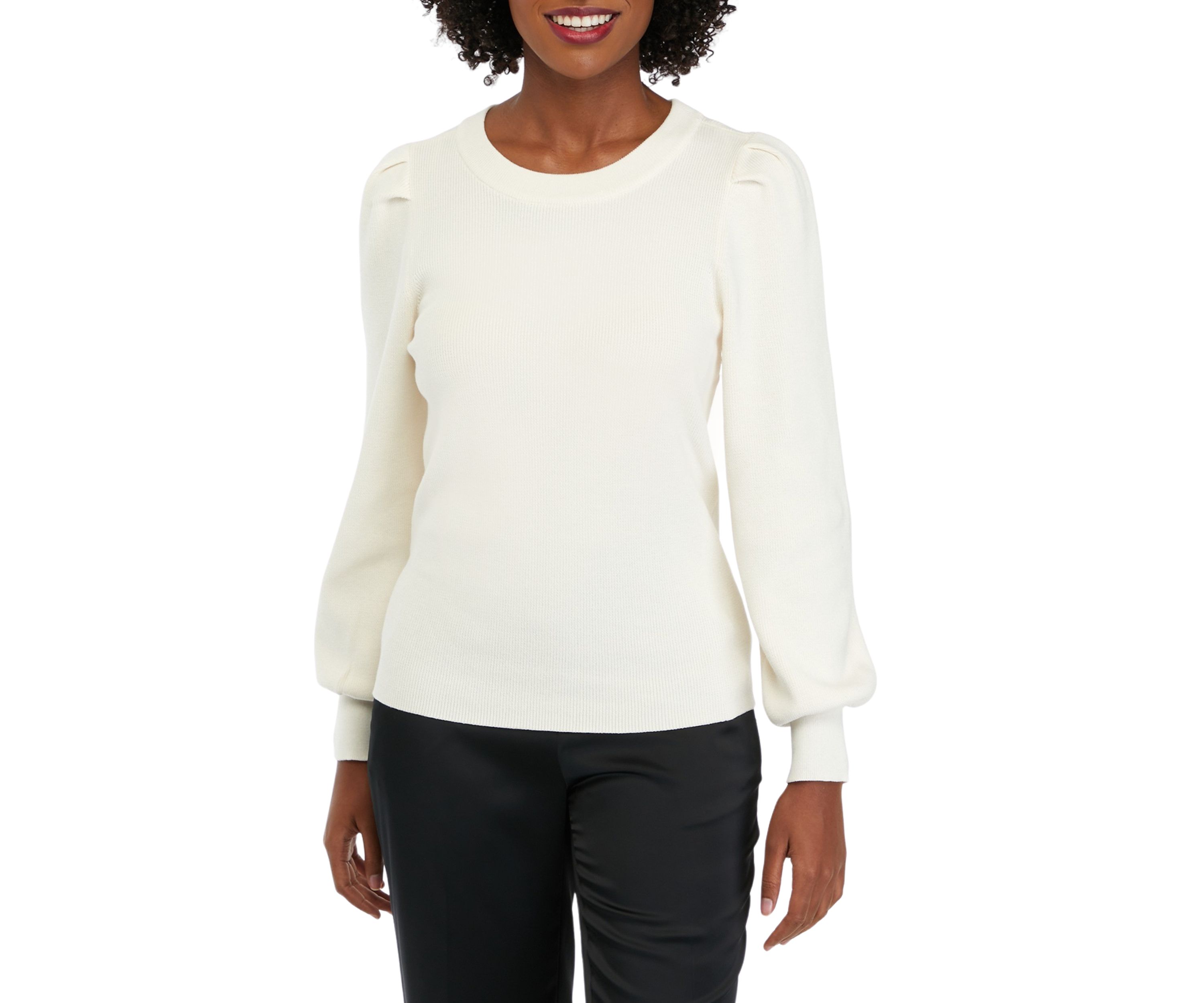 Womens Long Puff Sleeve Ribbed Sweater 