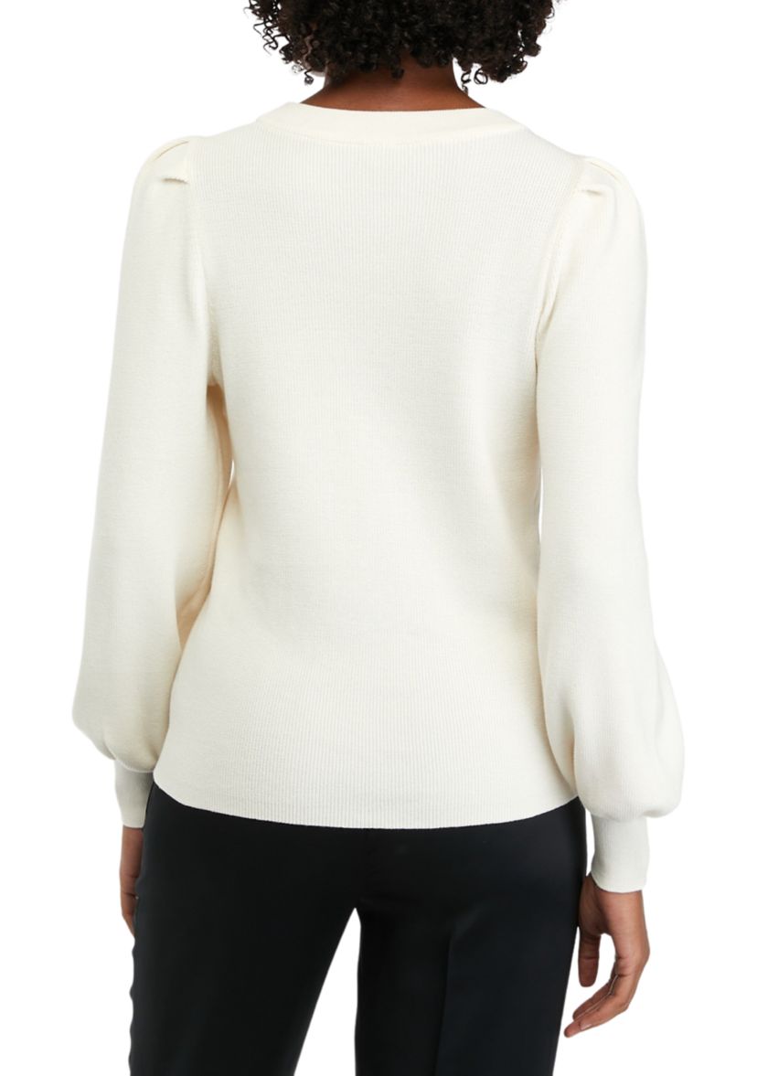 Womens Long Puff Sleeve Ribbed Sweater 