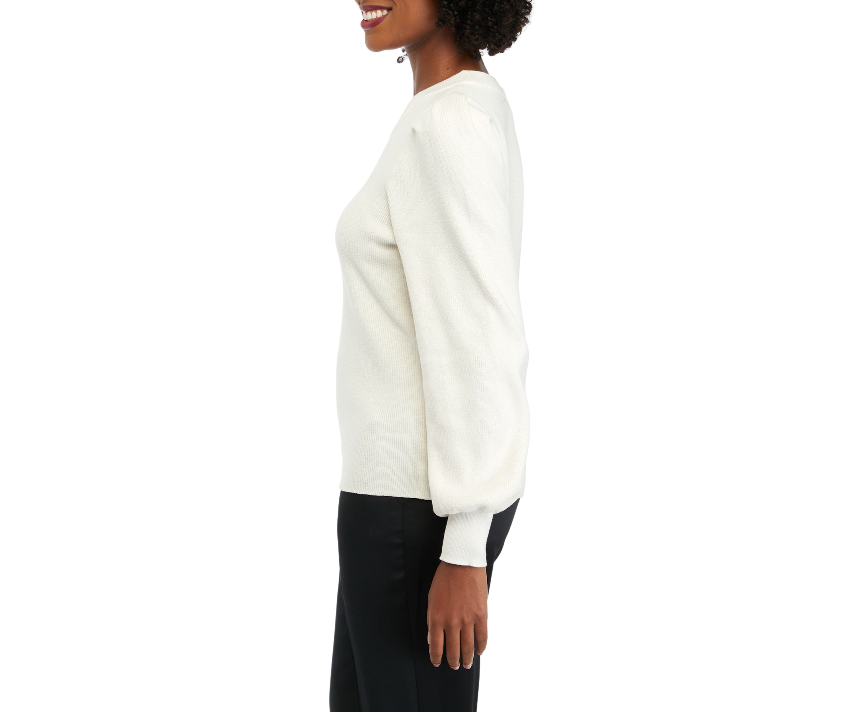 Womens Long Puff Sleeve Ribbed Sweater 