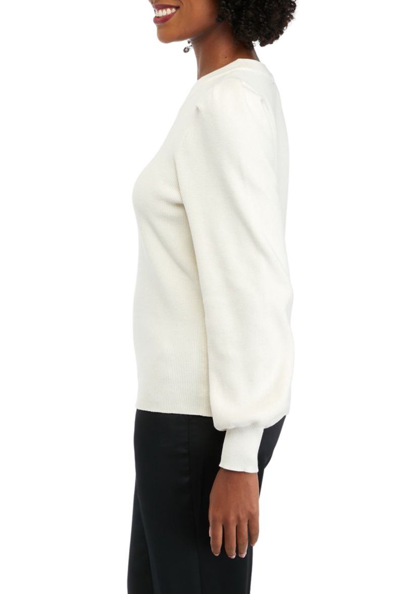 Womens Long Puff Sleeve Ribbed Sweater 
