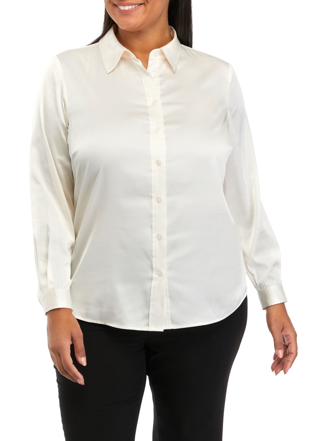 Plus Size Long Sleeve Satin Button Front Shirt