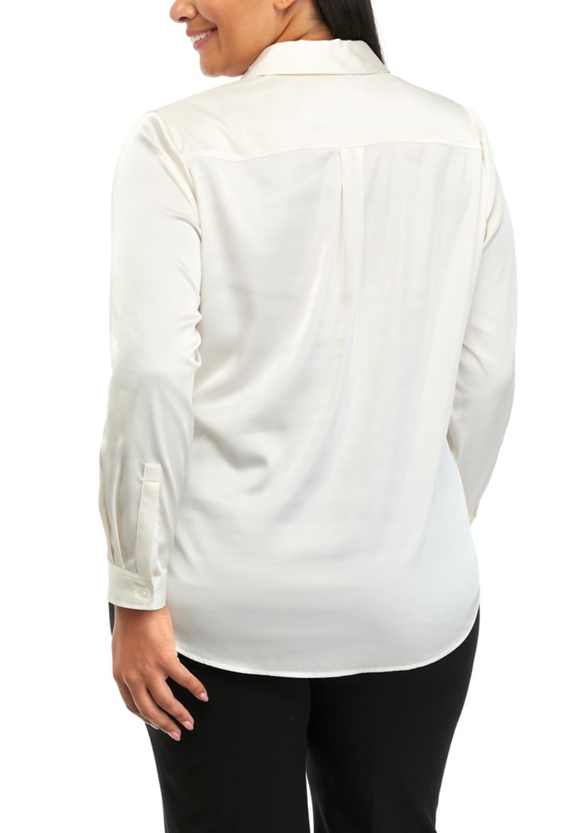 Plus Size Long Sleeve Satin Button Front Shirt