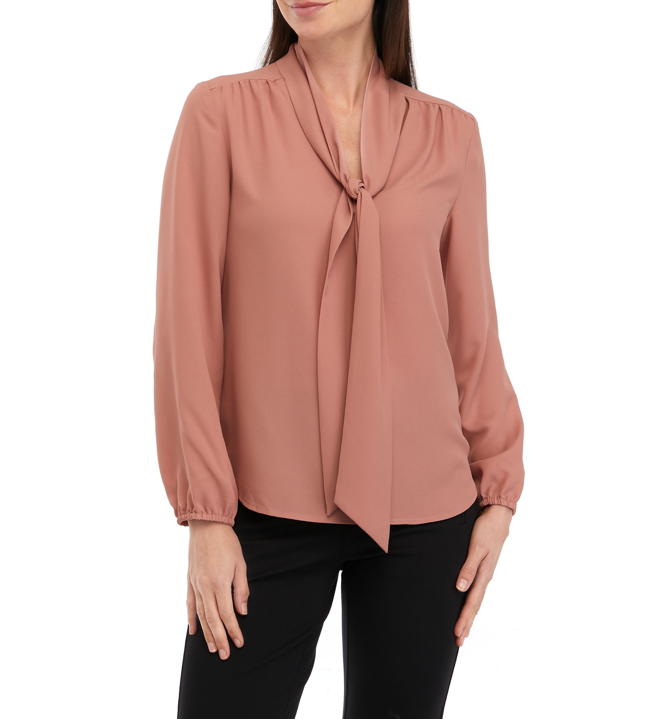 Petite Crepe Long Sleeve Bow Blouse